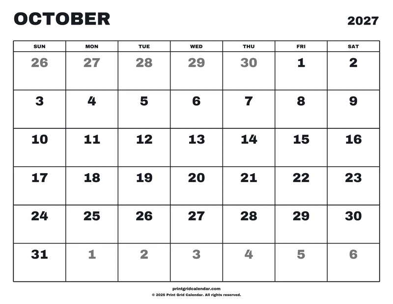 October 2027 Calendar — Big statement — US Letter · Landscape · Sunday start