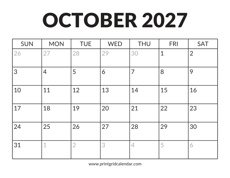 October 2027 Calendar — Bold Display — US Letter · Landscape · Sunday start