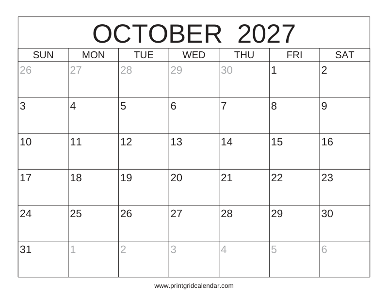 October 2027 Calendar — Classic Frame — US Letter · Landscape · Sunday start