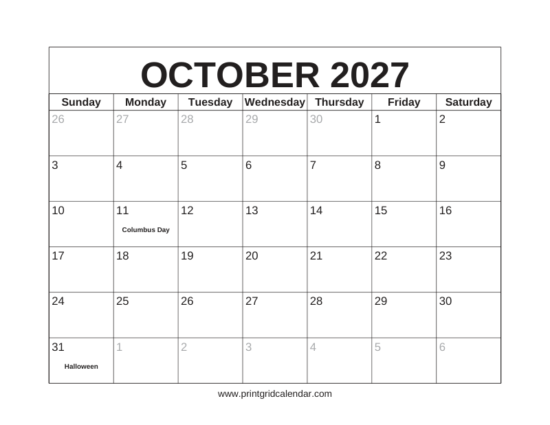 October 2027 Calendar — US Holidays & Observances — US Letter · Landscape · Sunday start