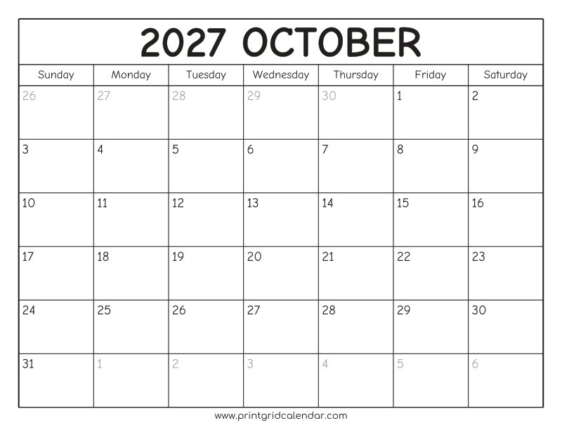 October 2027 Calendar — Rounded Outline — US Letter · Landscape · Sunday start