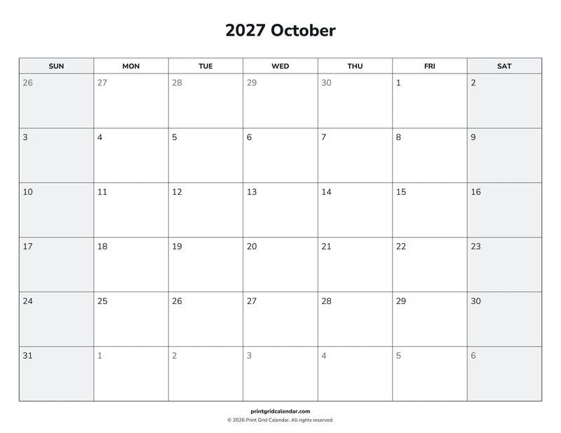 October 2027 Calendar — Weekend rhythm — US Letter · Landscape · Sunday start