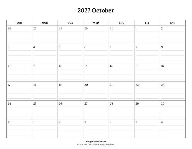 October 2027 Calendar — Ruled journal — US Letter · Landscape · Sunday start