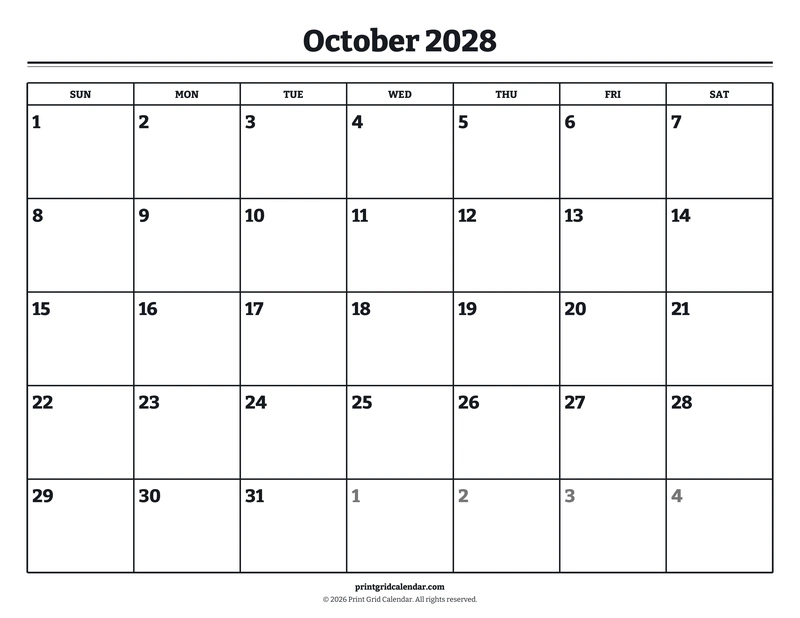 October 2028 Calendar — Bookish bold — US Letter · Landscape · Sunday start