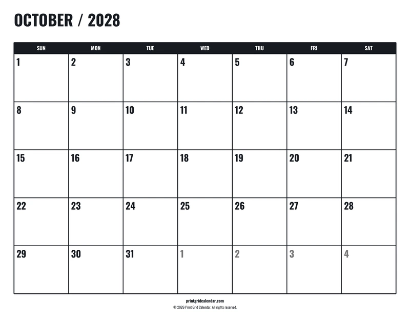 October 2028 Calendar — Tall workspace — US Letter · Landscape · Sunday start