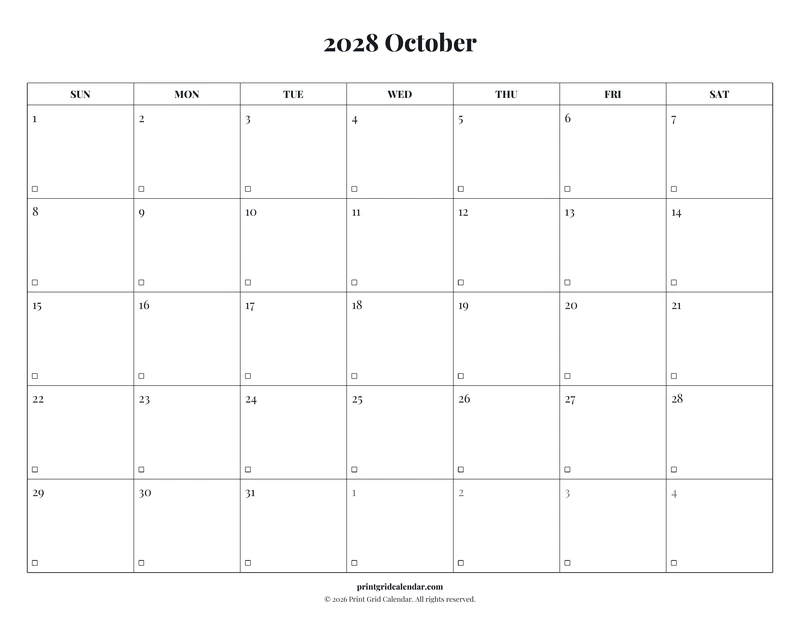 October 2028 Calendar — Editorial checklist — US Letter · Landscape · Sunday start