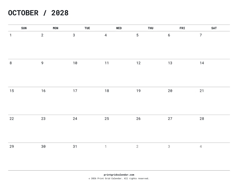 October 2028 Calendar — Quiet minimal — US Letter · Landscape · Sunday start