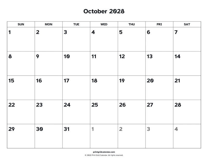 October 2028 Calendar — Easy read — US Letter · Landscape · Sunday start