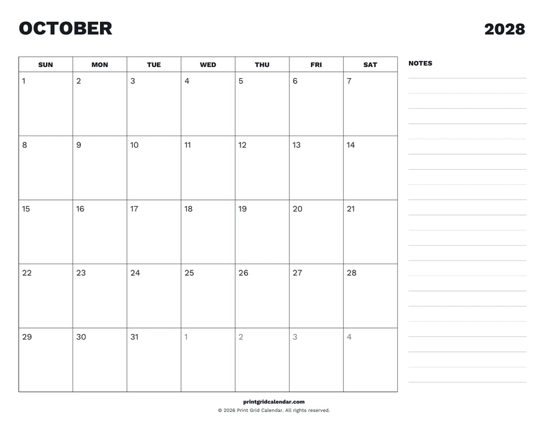 October 2028 Calendar — Desk notes — US Letter · Landscape · Sunday start