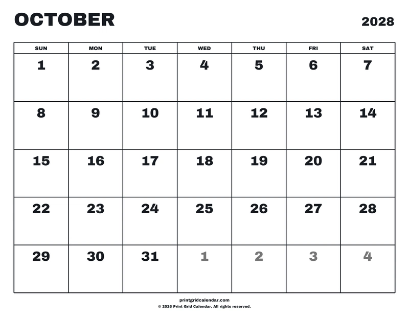 October 2028 Calendar — Big statement — US Letter · Landscape · Sunday start