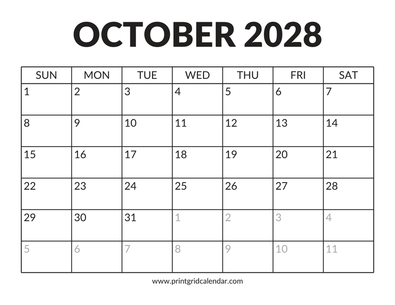 October 2028 Calendar — Bold Display — US Letter · Landscape · Sunday start