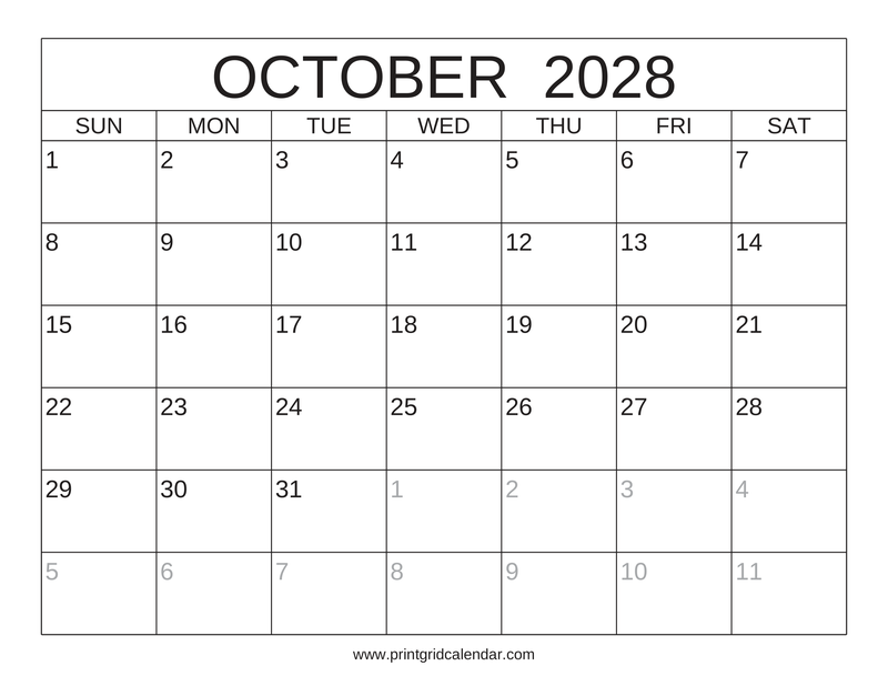 October 2028 Calendar — Classic Frame — US Letter · Landscape · Sunday start