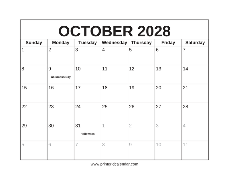 October 2028 Calendar — US Holidays & Observances — US Letter · Landscape · Sunday start