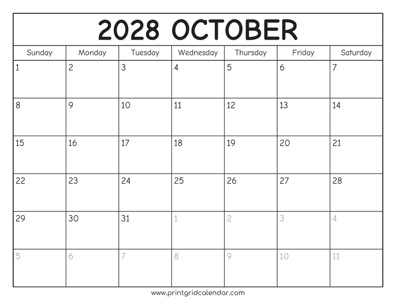 October 2028 Calendar — Rounded Outline — US Letter · Landscape · Sunday start