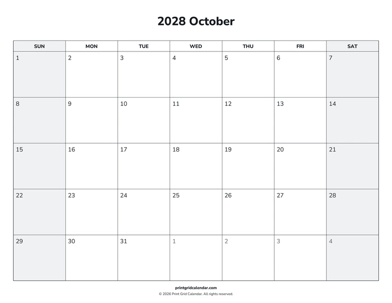 October 2028 Calendar — Weekend rhythm — US Letter · Landscape · Sunday start