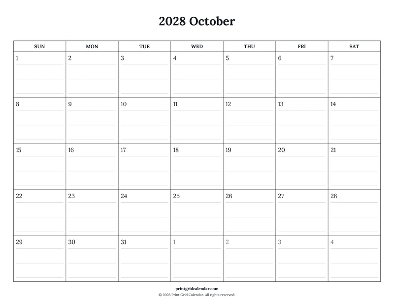 October 2028 Calendar — Ruled journal — US Letter · Landscape · Sunday start
