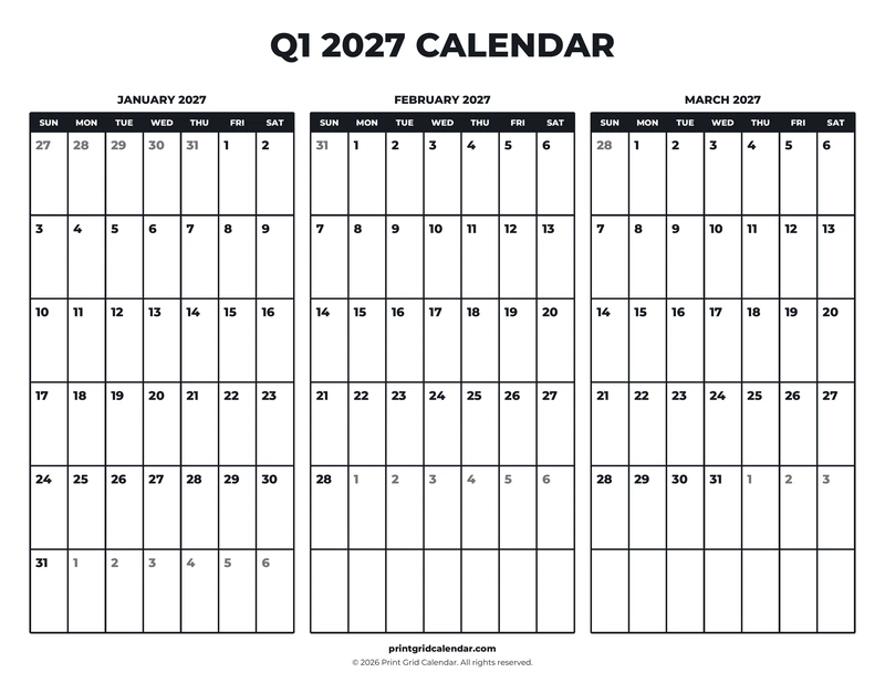 Q1 2027 Calendar — Bold essentials — US Letter · Landscape · Sunday start