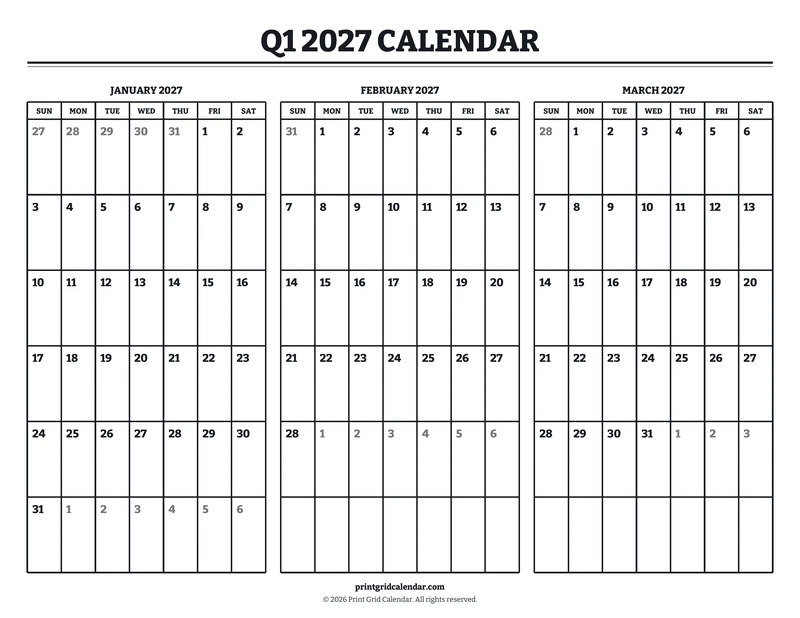 Q1 2027 Calendar — Bookish bold — US Letter · Landscape · Sunday start