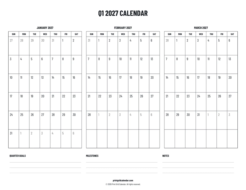 Q1 2027 Calendar — Plans below — US Letter · Landscape · Sunday start
