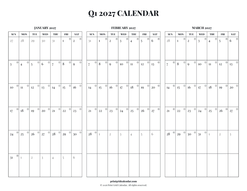 Q1 2027 Calendar — Editorial checklist — US Letter · Landscape · Sunday start