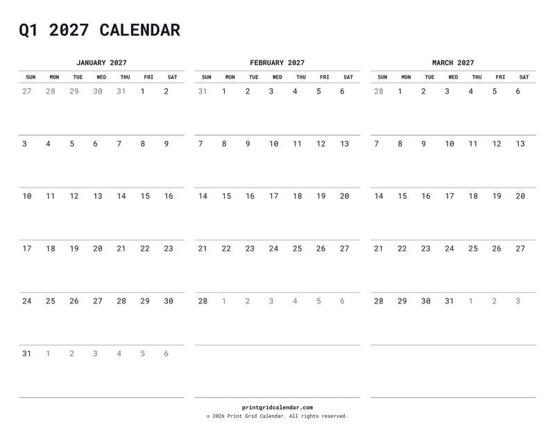 Q1 2027 Calendar — Quiet minimal — US Letter · Landscape · Sunday start