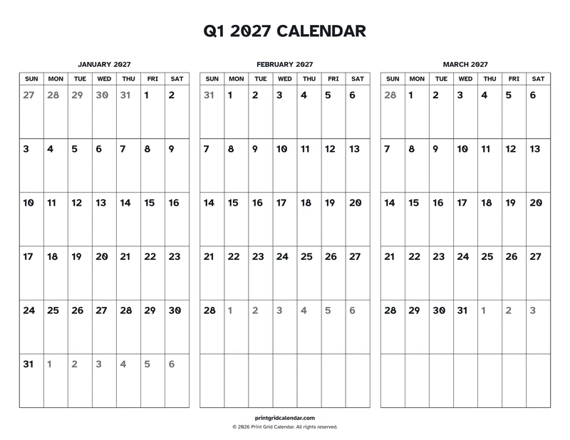 Q1 2027 Calendar — Easy read — US Letter · Landscape · Sunday start