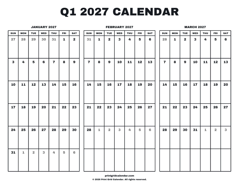 Q1 2027 Calendar — Big statement — US Letter · Landscape · Sunday start