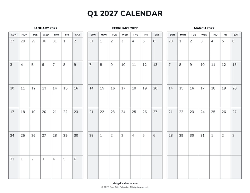 Q1 2027 Calendar — Weekend rhythm — US Letter · Landscape · Sunday start