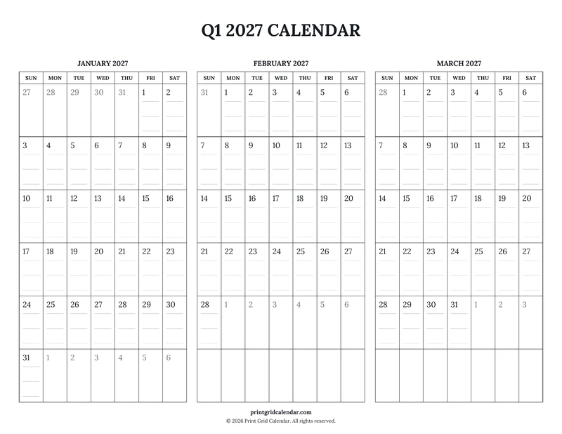 Q1 2027 Calendar — Ruled journal — US Letter · Landscape · Sunday start