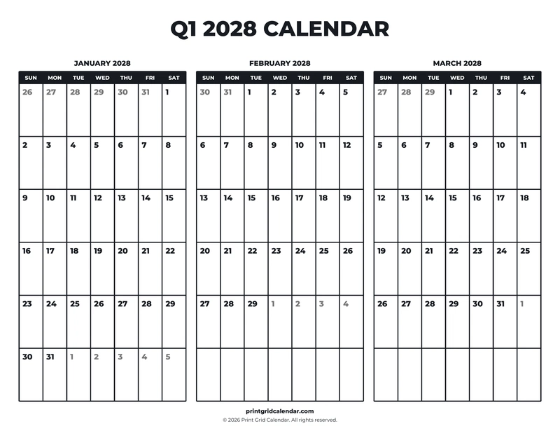 Q1 2028 Calendar — Bold essentials — US Letter · Landscape · Sunday start