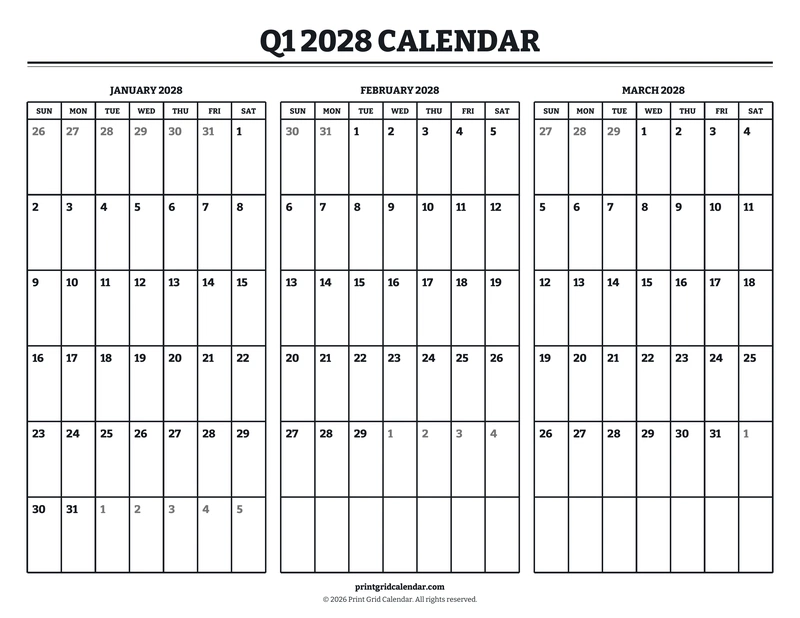 Q1 2028 Calendar — Bookish bold — US Letter · Landscape · Sunday start