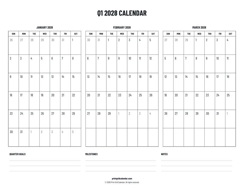 Q1 2028 Calendar — Plans below — US Letter · Landscape · Sunday start