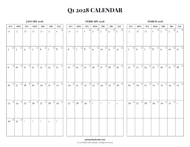 Q1 2028 Calendar — Editorial checklist — US Letter · Landscape · Sunday start