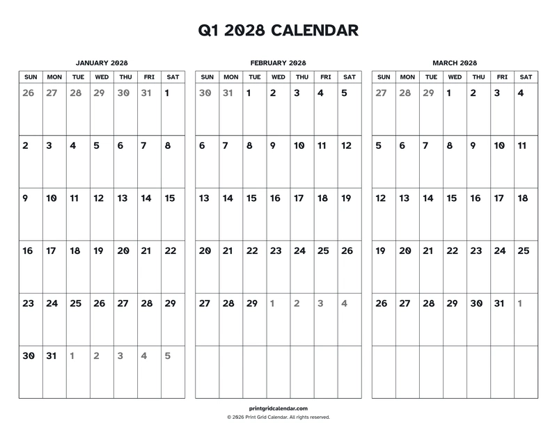 Q1 2028 Calendar — Easy read — US Letter · Landscape · Sunday start