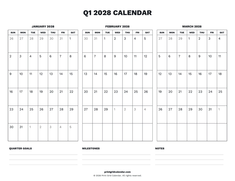 Q1 2028 Calendar — Desk notes — US Letter · Landscape · Sunday start