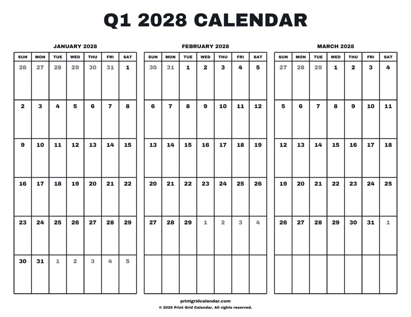 Q1 2028 Calendar — Big statement — US Letter · Landscape · Sunday start