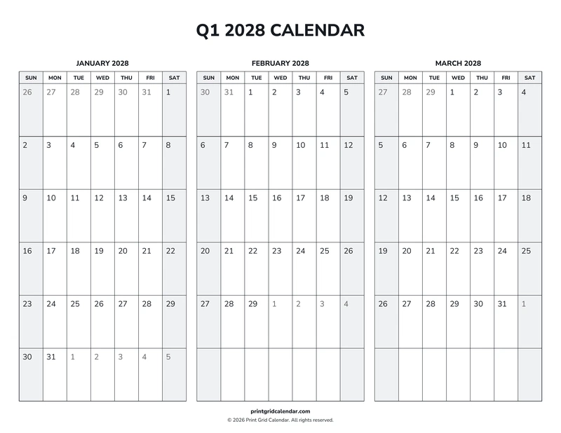 Q1 2028 Calendar — Weekend rhythm — US Letter · Landscape · Sunday start