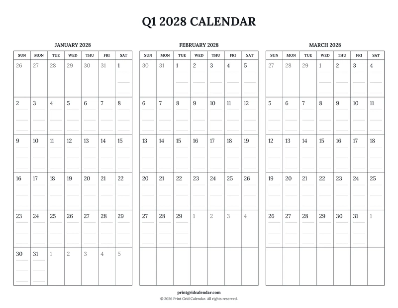 Q1 2028 Calendar — Ruled journal — US Letter · Landscape · Sunday start