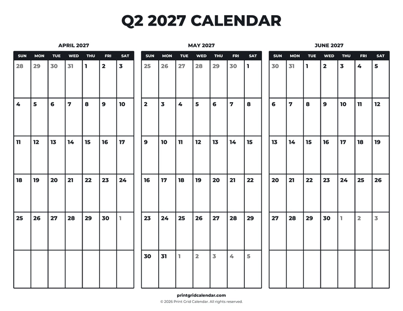Q2 2027 Calendar — Bold essentials — US Letter · Landscape · Sunday start
