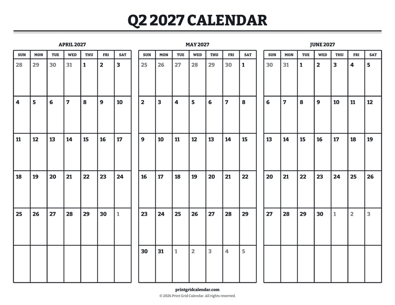 Q2 2027 Calendar — Bookish bold — US Letter · Landscape · Sunday start
