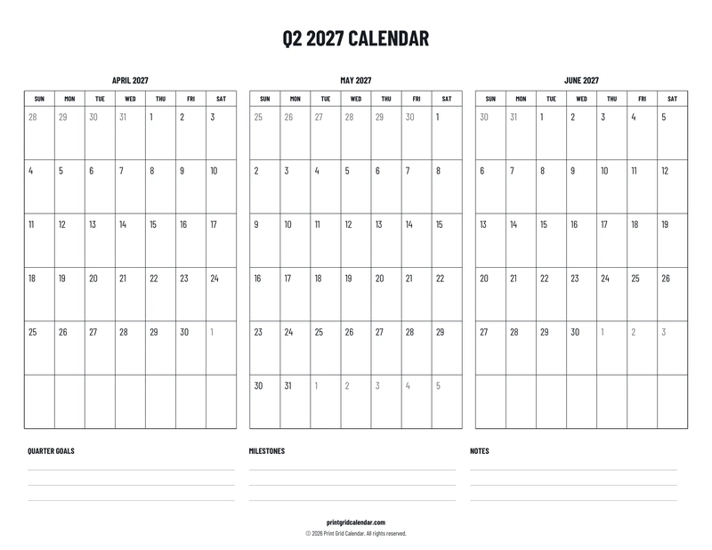 Q2 2027 Calendar — Plans below — US Letter · Landscape · Sunday start