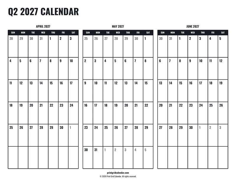 Q2 2027 Calendar — Tall workspace — US Letter · Landscape · Sunday start