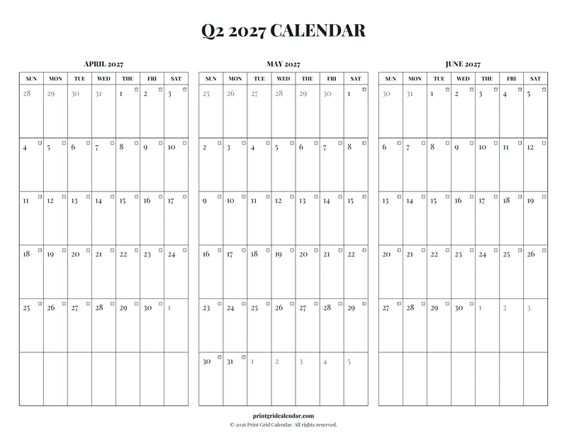 Q2 2027 Calendar — Editorial checklist — US Letter · Landscape · Sunday start
