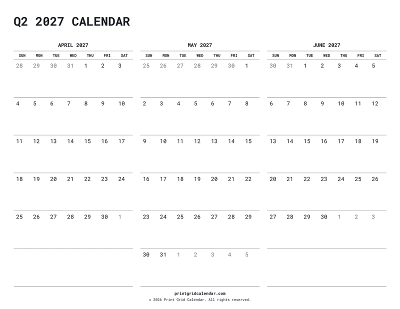 Q2 2027 Calendar — Quiet minimal — US Letter · Landscape · Sunday start