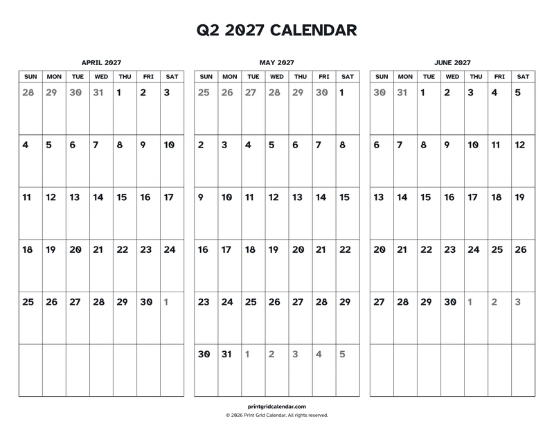 Q2 2027 Calendar — Easy read — US Letter · Landscape · Sunday start