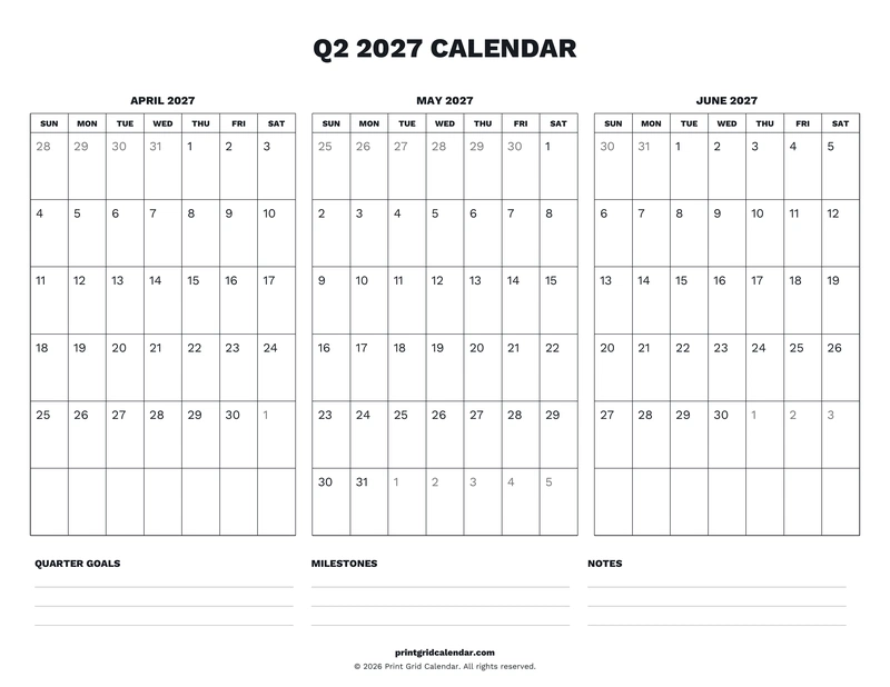 Q2 2027 Calendar — Desk notes — US Letter · Landscape · Sunday start