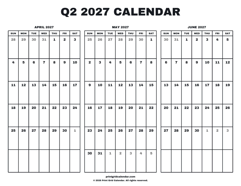 Q2 2027 Calendar — Big statement — US Letter · Landscape · Sunday start