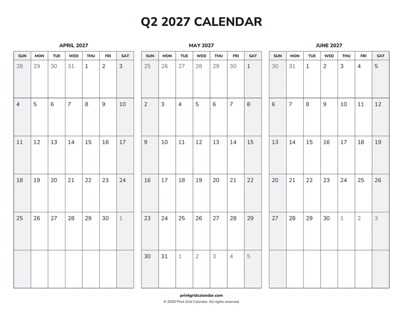 Q2 2027 Calendar — Weekend rhythm — US Letter · Landscape · Sunday start