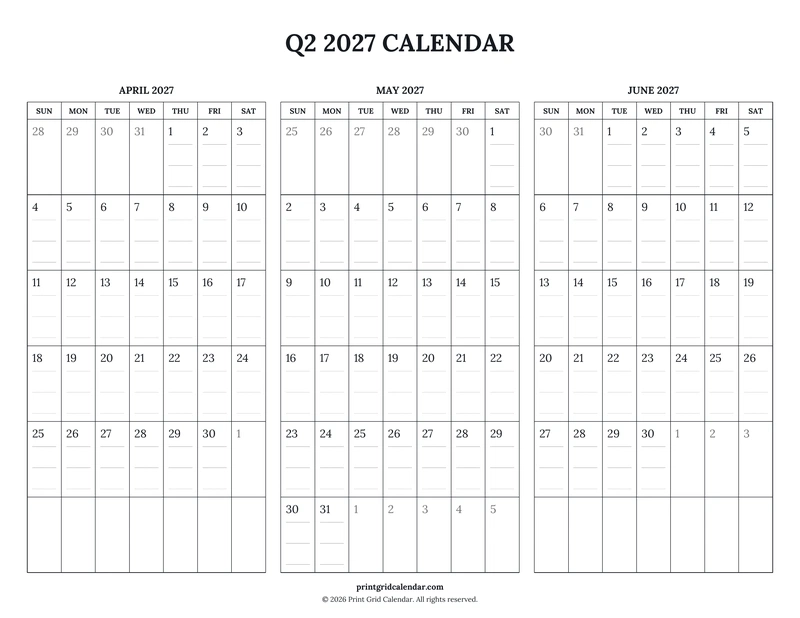 Q2 2027 Calendar — Ruled journal — US Letter · Landscape · Sunday start