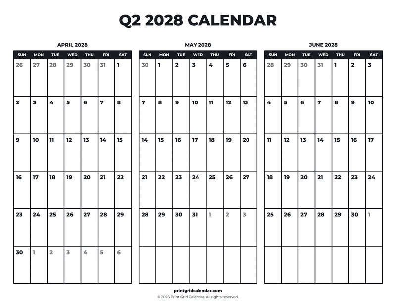 Q2 2028 Calendar — Bold essentials — US Letter · Landscape · Sunday start